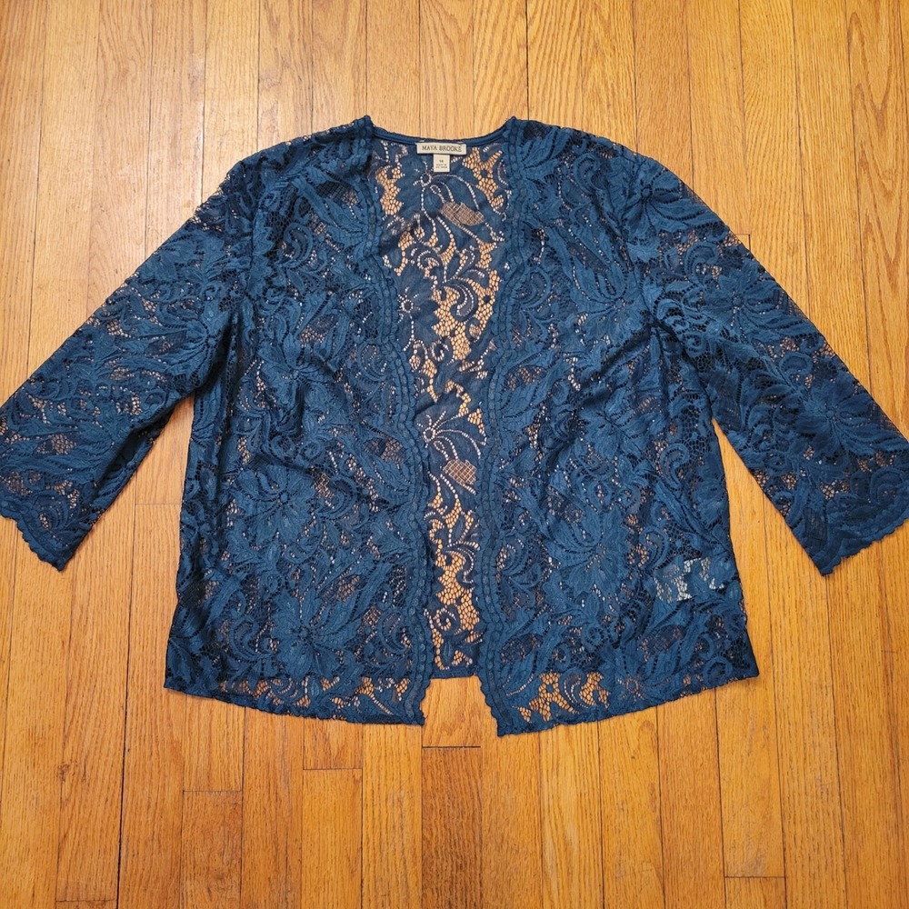 Maya Brooke Floral Lace Open Front Jacket Teal Blue 14 Whimsigoth Coquette